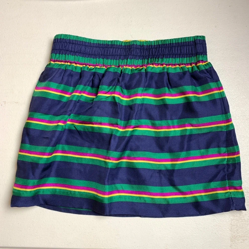 Ralph Lauren Silk Skirt Girls 3T Navy Blue Green Striped Elastic Waist‎ Preppy